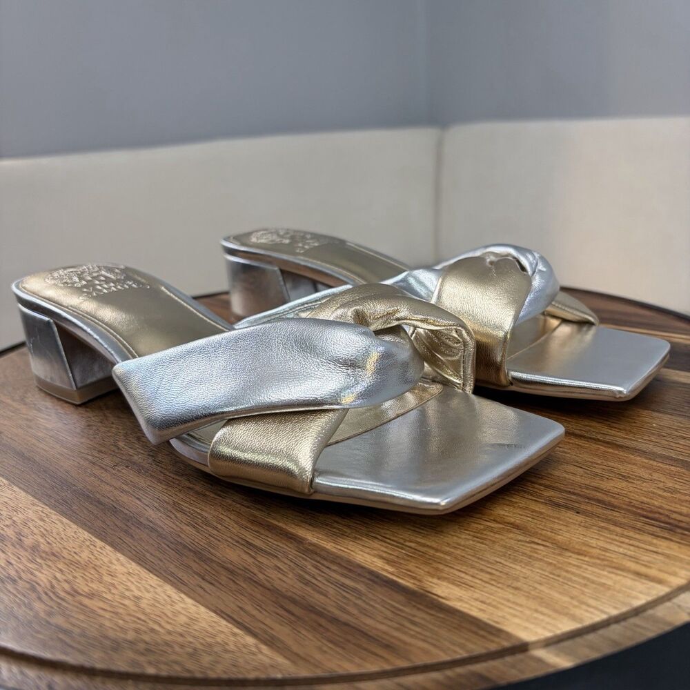 Vince Camuto Brelanie Two Tone Silver Gold Metallic Mule Slide Block Heel 8.5 W